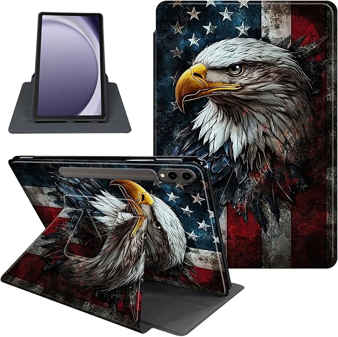 Case for 12.4 inch Galaxy Tab S10 Plus Case (2024), Galaxy Tab S9 Plus Case (2023), 360 Degree Rotating Folio Stand Smart PU Leather Cover, Auto Sleep/Wake, American Flag Eagle