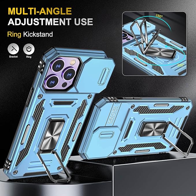 Phone Case for iPhone 14 Pro Max Case with Camera Lens Cover, with Ring Holder Kickstand, fit Magnetic Car Mount, for iPhone 14 Pro Max (Light Blue)