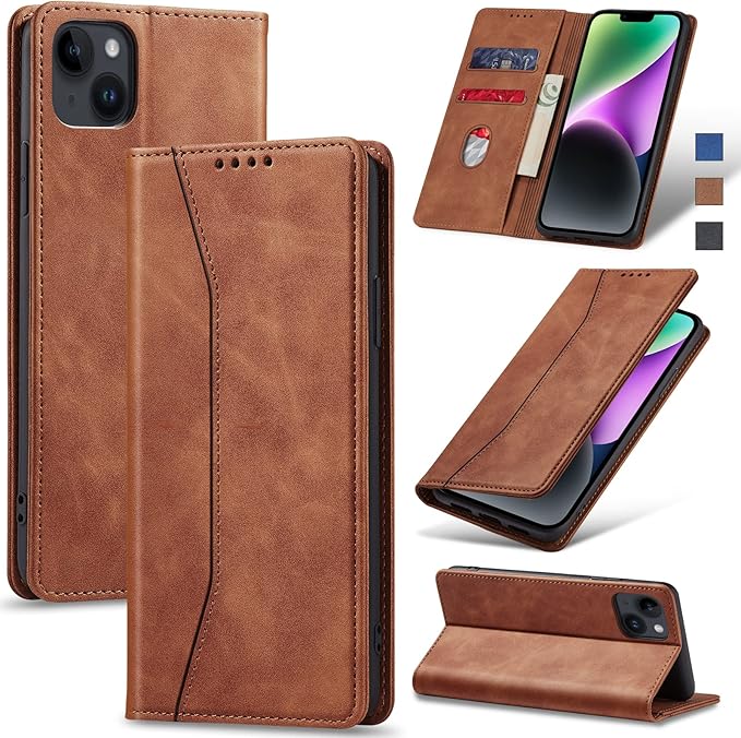 Jasonyu Flip Wallet Case for iPhone 14 Plus 5G,Leather Magnetic Folio Cover with Card Holder,Kickstand - TPU Shockproof Durable Protective Phone Case,Brown