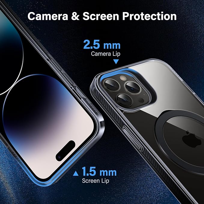 Magnetic Case for iPhone 14 Pro - [Built-in Invisible Stand] [Compatible with MagSafe] [Military Grade Drop Protection] Anti-Yellowing Hard Back Silicone Edge Cover, 6.1", Clear Black