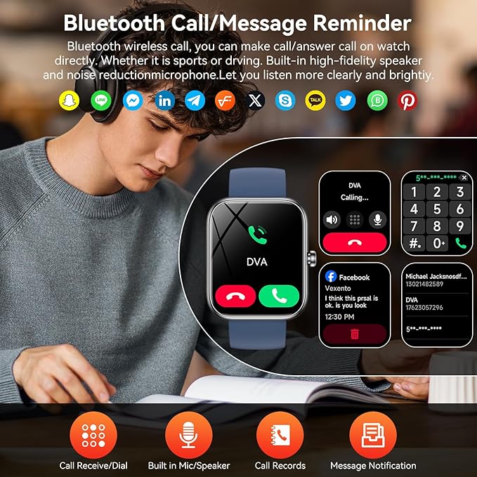 Smart Watch with Alexa Built-in, 1.83" HD Touchscreen Fitness Tracker, Bluetooth Notifications/Calls, IP68 Waterproof, 120+ Sport Modes, 24/7 Heart Rate & Sleep Monitor for iPhone Android iOS (Blue)