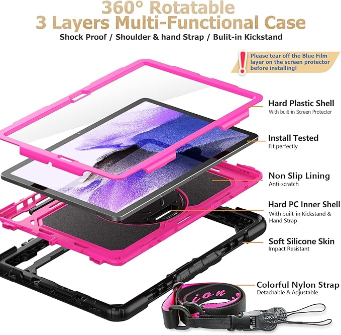 SEYMAC stock Case for Samsung Galaxy Tab S7 FE / S8 Plus 5G Case 12.4'' with Screen Protector Pencil Holder [360 Rotating Hand Strap] &Stand, Drop-Proof, Rose/Black