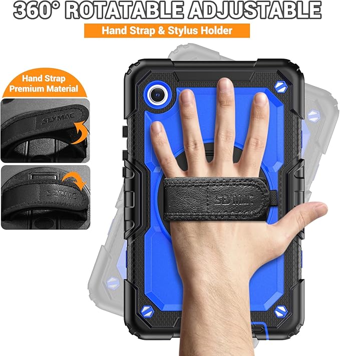 SEYMAC for Samsung Galaxy Tab A9 Case 8.7 Inch 2023 (SM-X110/X115/X117), Heavy Duty Shockproof Protective Case with Screen Protector, Rotating Stand, Hand/Shoulder Strap and Pen Holder, Blue