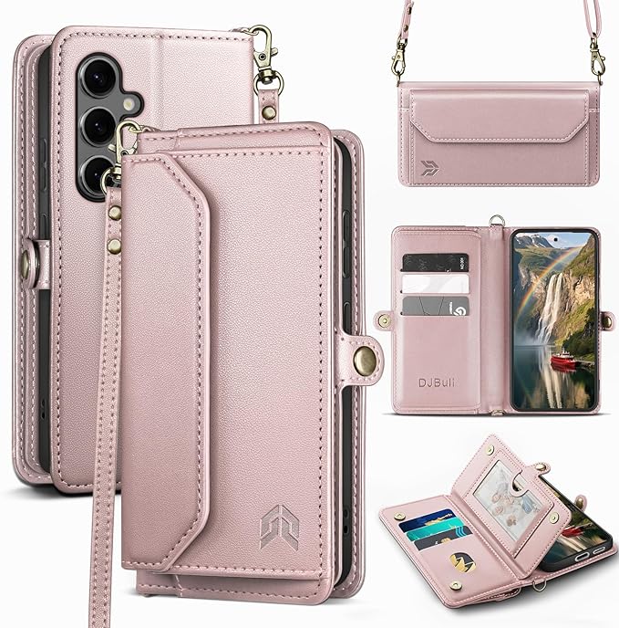 DJBull for Samsung Galaxy S25 Wallet Case with Card Holder, Shoulder and Wristlet Straps, Soft PU Leather, Magnetic Snap, Flip Phone Case for Women Men for Samsung S25 Rose Gold