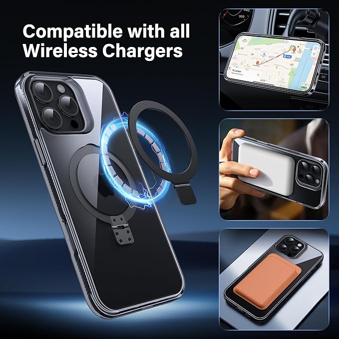 Magnetic Case for iPhone 16 Pro - [Built-in Invisible Stand] [Compatible with MagSafe] [Military Grade Drop Protection] Anti-Yellowing Hard Back Silicone Edge Cover, 6.3", Clear Black