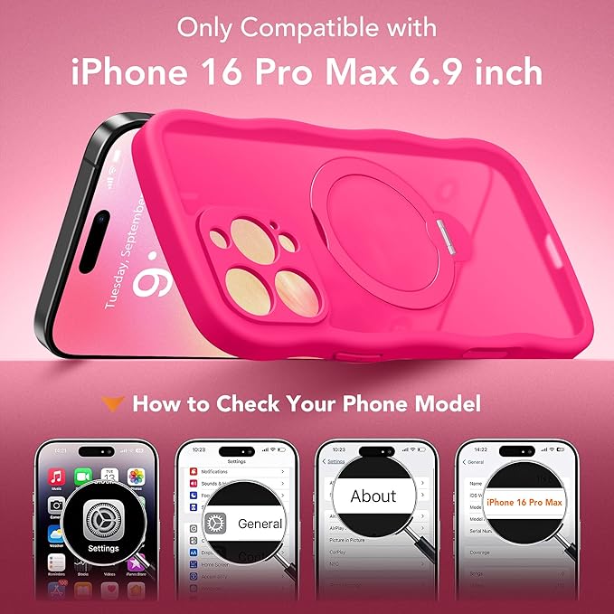 GolbinBox for iPhone 16 Pro Max Case for Women,[Compatible with Magsafe][360° Spin Magnetic Stand][Cute Wave Edge][Military-Grade Protection]Translucent Matte Phone Case for iPhone 16 ProMax, Hot Pink