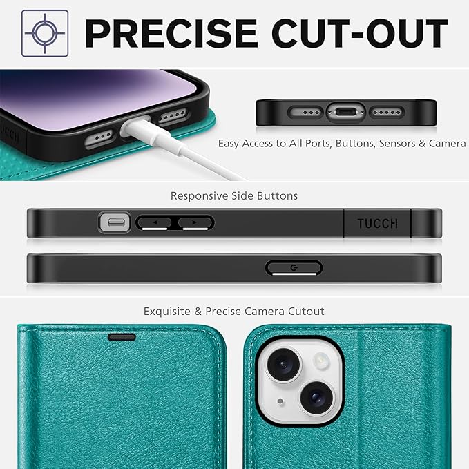 TUCCH Wallet Case for iPhone 14 6.1", Magnetic PU Leather Stand Flip Cover with 4 Card Slots [RFID Blocking] Folio [TPU Shockproof Interior Case] Compatible with iPhone 14 6.1-inch, Cyan