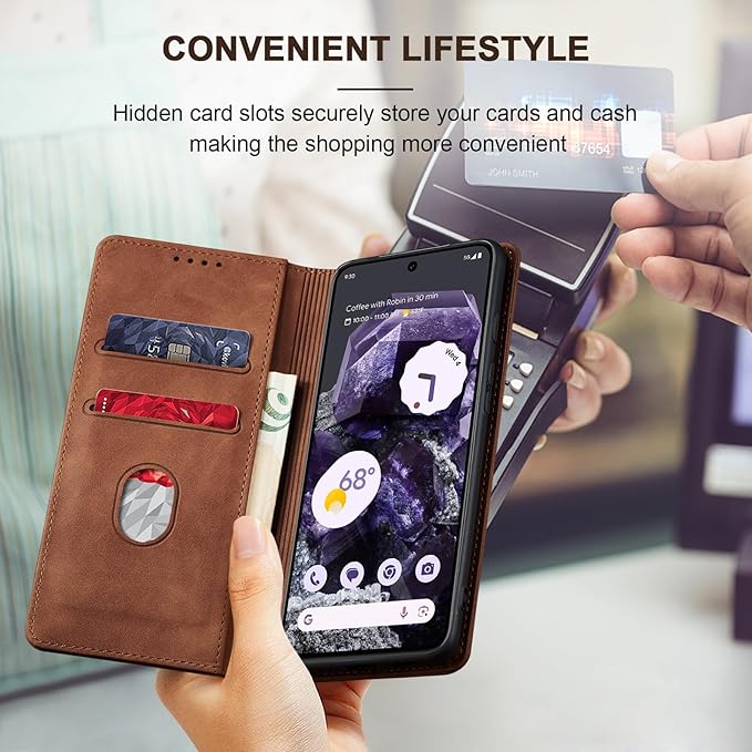 Jasonyu Flip Wallet Case for Google Pixel 8,Leather Magnetic Folio Cover with Card Holder,Kickstand - TPU Shockproof Durable Protective Phone Case,Brown