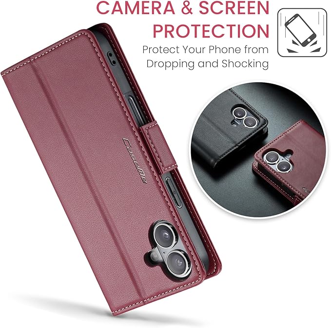 for iPhone 16 Case, Premium PU Leather Wallet Case Flip Cover with [RFID Blocking][Card Holder][Stand Function] Shockproof Protective for iPhone 16, Red