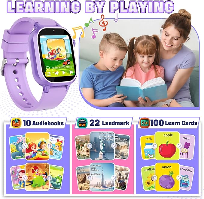 Vakzovy Kids Waterproof Smart Watch Girls Gift Age 3-12 with 39 Game HD Touch Screen Video Camera Music Player Pedometer Alarm Clock Birthday Gift for 6 7 8 9 Year Olds Purple