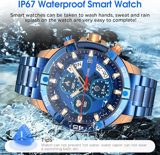 Stainless Steel Smartwatch - Metal Design Mens Smart Watches with 1.53" HD Screen, Fitness Tracker, Sleep Monitor, Steel&Silicone Bands (Blue)