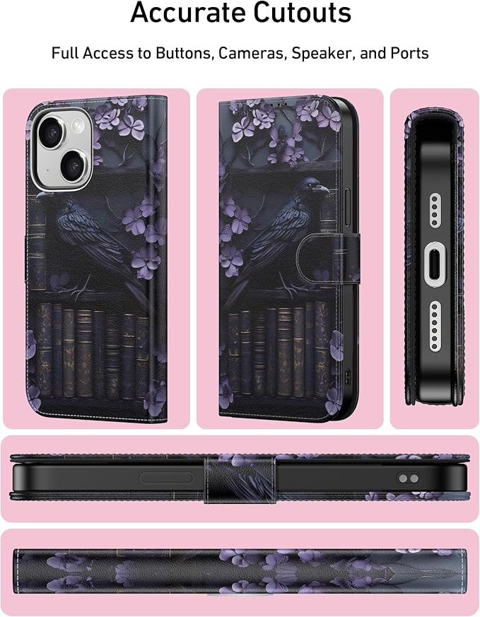 DEENAKIN for iPhone 15 Plus Wallet Case with Card Holder + Cash Clip, RFID-Blocking, Military-Grade Drop Protection, Magnetic Closure with Leather Kickstand - Purple Floral & Raven