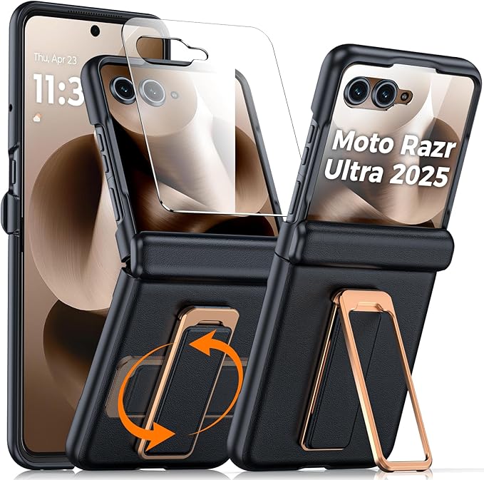 for Motorola Razr Ultra 2025 Case, Built-in Screen Protector & Hinge Protection & 360° Spin Stand & Hand Strap, Ultra Thin Genuine Leather Shockproof Phone Case for Razr Ultra 2025(Black)