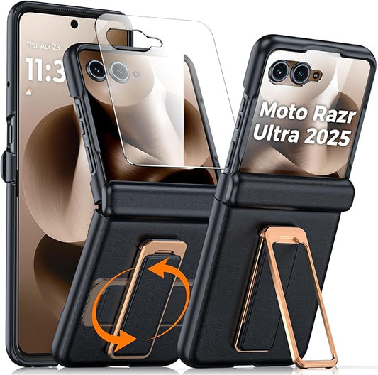for Motorola Razr Ultra 2025 Case, Built-in Screen Protector & Hinge Protection & 360° Spin Stand & Hand Strap, Ultra Thin Genuine Leather Shockproof Phone Case for Razr Ultra 2025(Black)