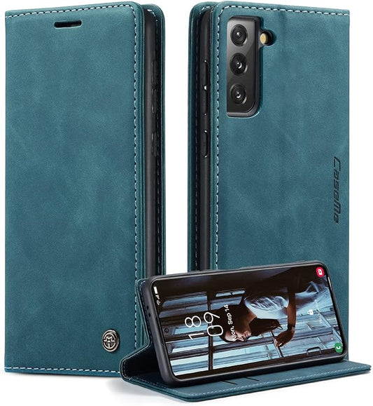 for Samsung Galaxy S21 Case, Flip Wallet Leather Case with Card Holder Magnetic Closure Shockproof Kickstand Protective Phone Cases Cover for Samsung S21,Blue-Green