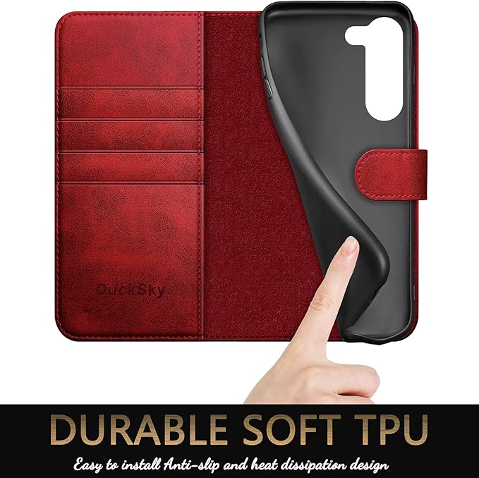 for Samsung Galaxy S23 5G Genuine Leather Wallet case 【RFID Blocking】【4 Credit Card Holder】【Real Leather】 Flip Folio Book Phone case Protective Cover Women Men for SamsungS23 case Red