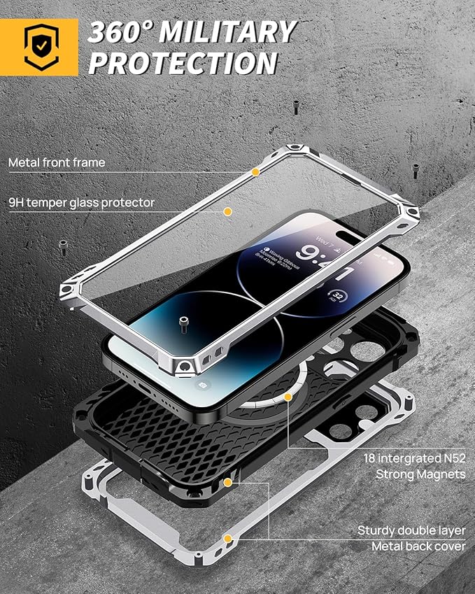 Lanhiem for iPhone 14 Pro Metal Case, [Built-in Camera Kickstand & Glass Screen Protector] Protective Heavy Duty Full Body Military Rugged Shockproof Magnetic Cover for iPhone 14 Pro 6.1" (Silver)