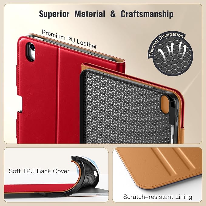 MoKo for iPad (A16) 11th Generation Case 11 inch 2025, iPad 10th Generation Case 10.9" 2022 with Pencil Holder & Pocket, Premium Leather Folio Stand Cover, Multiple Viewing Angles, Red