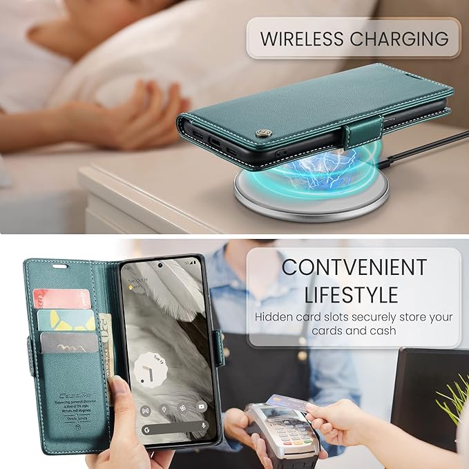 for Google Pixel 8 Case, Premium PU Leather Wallet Case Flip Cover with [RFID Blocking][Card Holder][Stand Function] Shockproof Protective for Google 8, Blue-Green