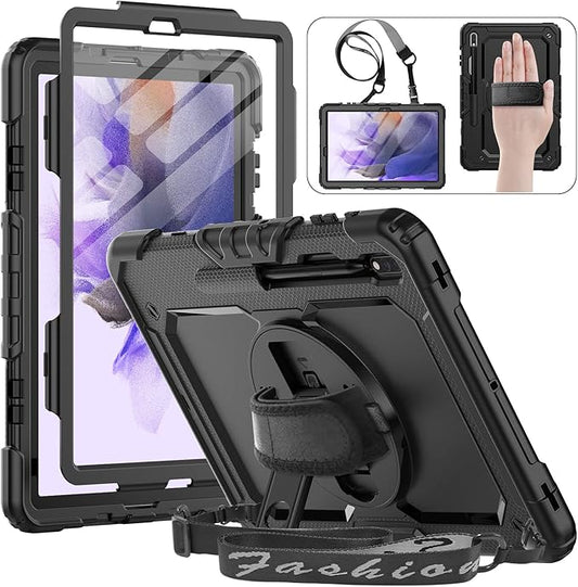 HXCASEAC Case for Samsung Galaxy Tab S7 FE 5G 12.4 inch, Protective with Screen Protector/Hand Strap/S Pen Holder, Heavy Duty Design for Samsung Galaxy S7 FE Tablet Case - Black