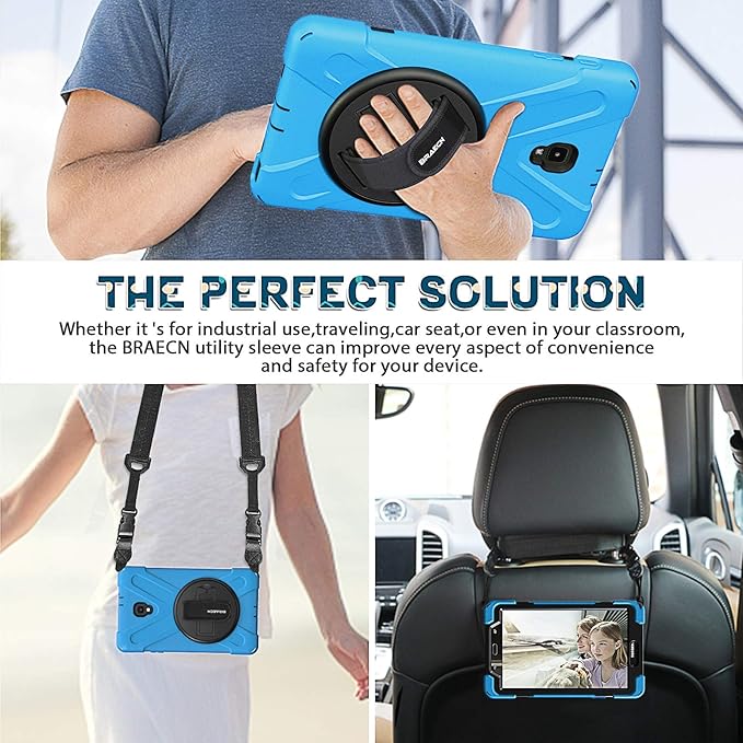BRAECNstock for Samsung Galaxy Tab A 8.0 2017 Case (SM-T380/T385) Rugged Shockproof Protective Case with 360° Rotating Hand Strap+Kickstand Shoulder Strap Samsung SM-T380 Tablet Case Kids - Sky Blue