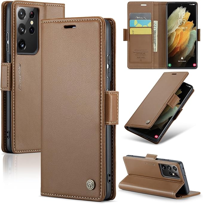 AUPAI for Samsung Galaxy S21 Ultra Wallet Case with Credit Card Holder, PU Leather RFID Blocking Folio Flip Kickstand Magnetic Clasp Protective Phone Cover for Women Men Brown