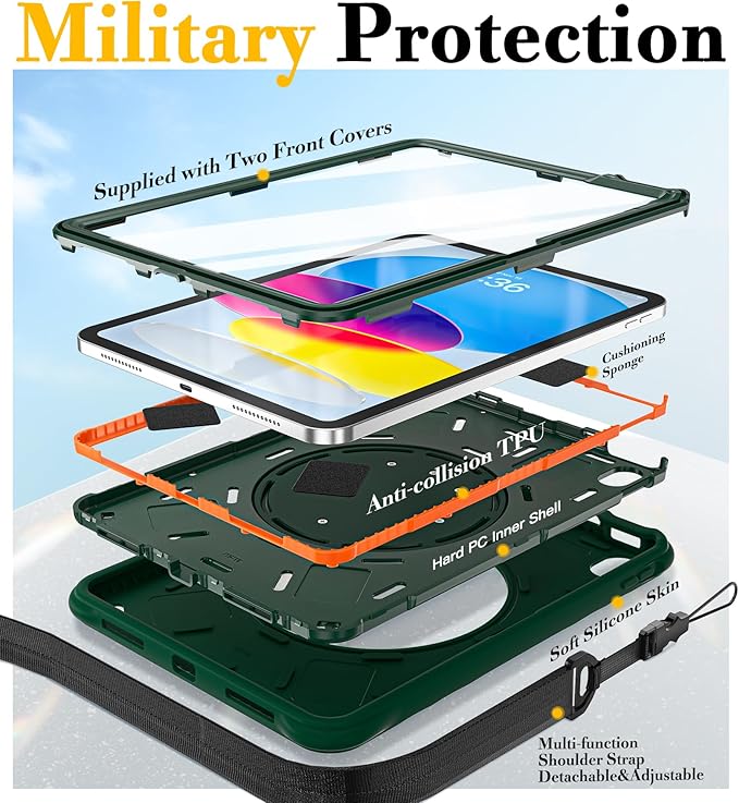 BRAECN Ripple Case for iPad (A16)11th/10th Generation 11/10.9 inch 2025/2022 Zinc Alloy Handle Ring Stand Protective Heavy Duty Screen Protector 360°Rotating 180°Folding Shoulder Strap Full-Body Cover