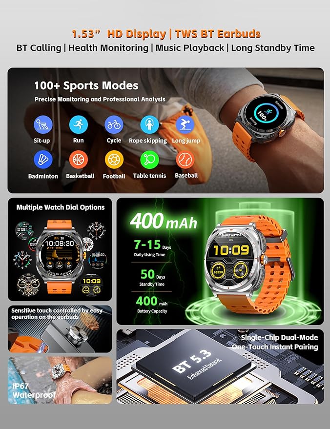 ZJX Smartwatch with Earbuds, 2-in-1 Sports Watch with Pedometer, 1.53-inch Rugged Fitness Watch, Calorie, Sleep Monitor, Heart Rate Monitor, 100+ Exercise Modes for iOS and Android