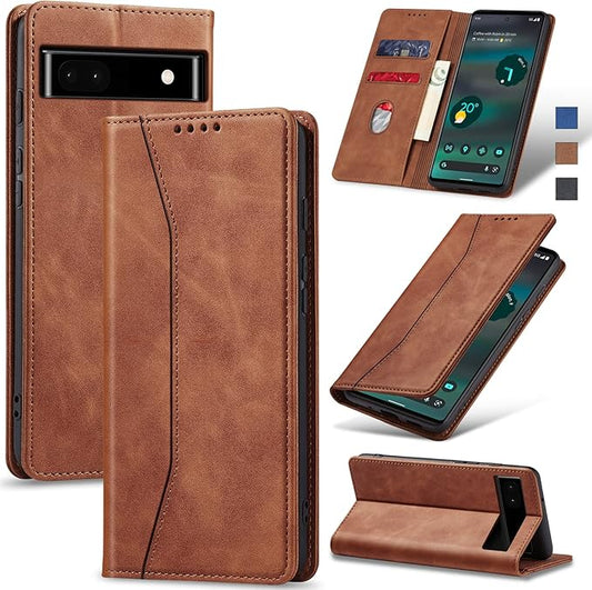 Jasonyu Flip Wallet Case for Google Pixel 6A 5G,Leather Magnetic Folio Cover with Card Holder,Kickstand - TPU Shockproof Durable Protective Phone Case,Brown