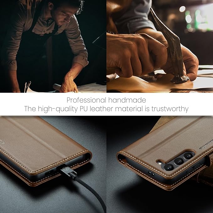 AUPAI for Samsung Galaxy S23 Plus Wallet Case with Credit Card Holder, PU Leather RFID Blocking Folio Flip Kickstand Magnetic Clasp Protective Phone Cover for Women Men Brown