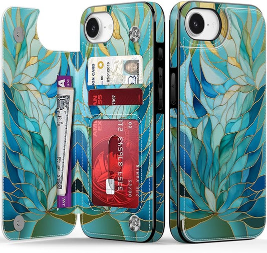 FUNMIKO for iPhone 16e Wallet Case with Card Holder, RFID-Blocking, Military-Grade Protection & UV-Printed Artwork, Magnetic Closure with Leather Kickstand - Sleek Cyan Leaf