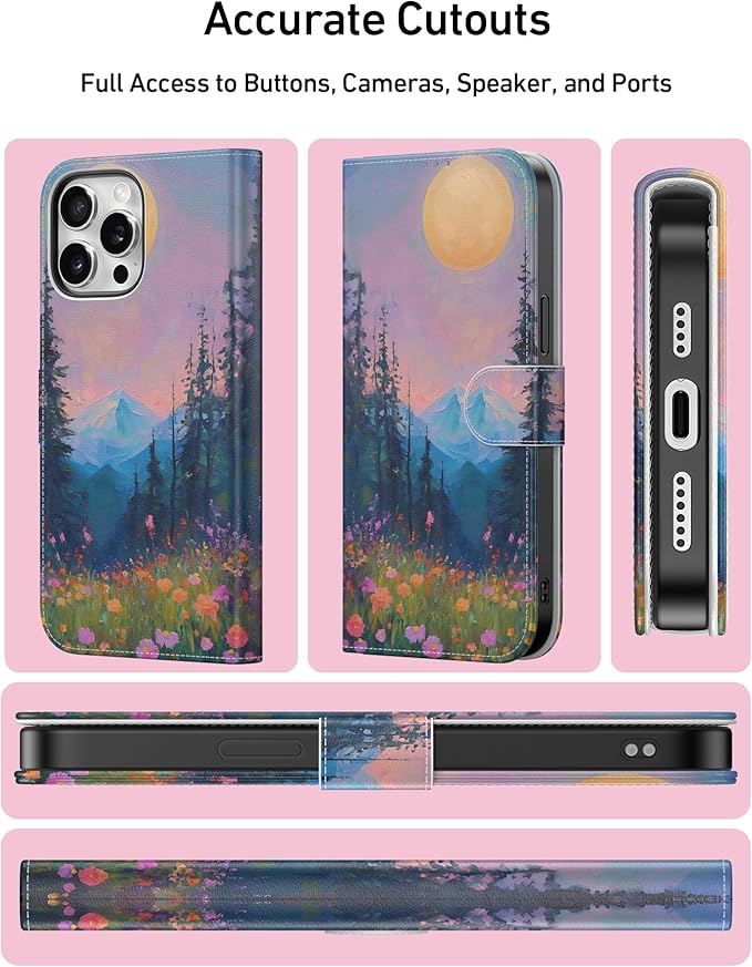DEENAKIN for iPhone 15 Pro Wallet Case with Card Holder + Cash Clip, RFID-Blocking, Military-Grade Drop Protection, Magnetic Closure with Leather Kickstand - Mountain Blossom Glow