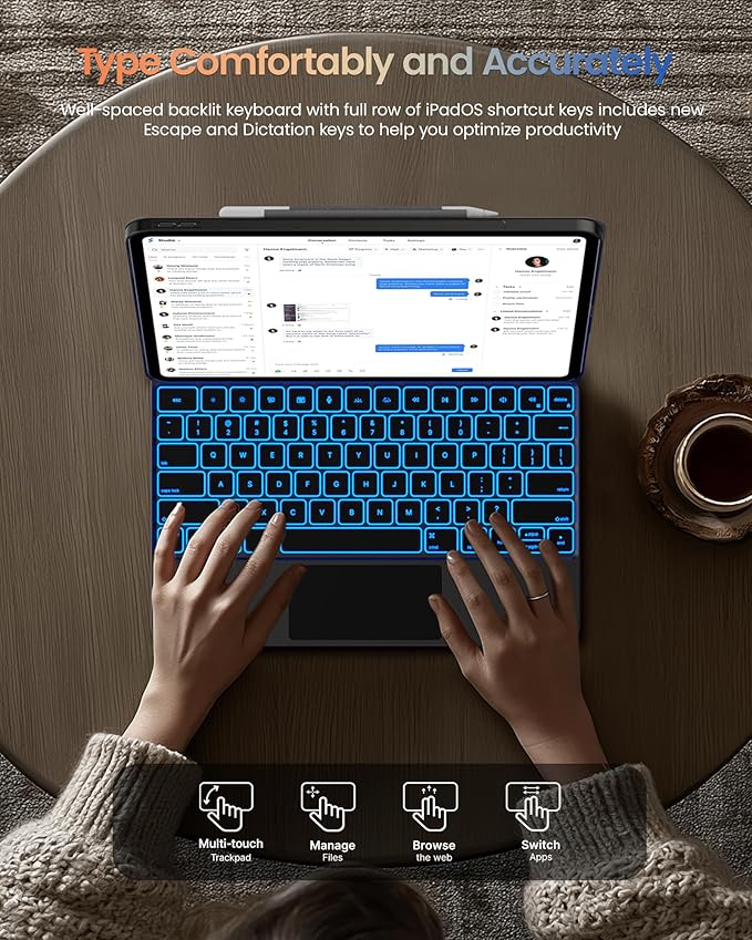 typecase Edge+ Keyboard Case for iPad Air 13-inch (M3 2025 / M2 2024),Ultra-Slim Detachable Back Case,Portrait & Typing Modes, Built-in Trackpad,11-Color Backlight, Magnetic Stand, Pencil Holder,Black