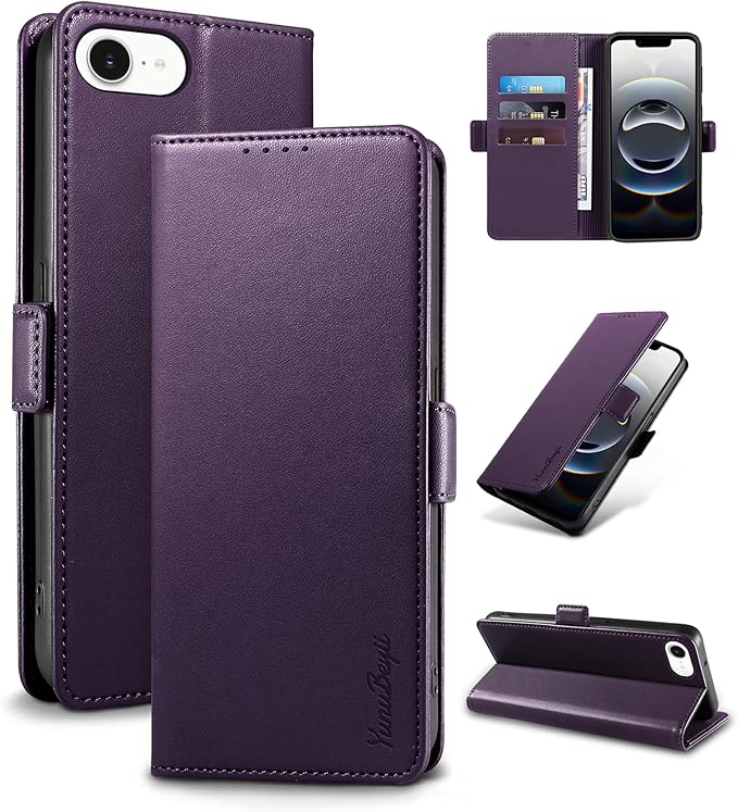 Wallet Flip Case for iPhone 16E 5G - [RFID Blocking] Luxury PU Leather Card Holder Magnetic Phone Cover with Kickstand,Shockproof Protective Case,Purple