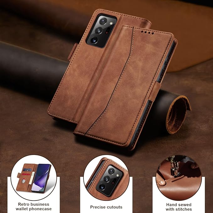 Jasonyu Flip Wallet Case for Samsung Galaxy Note 20 Ultra,Leather Magnetic Folio Cover with Card Holder,Kickstand - TPU Shockproof Durable Protective Phone Case,Brown