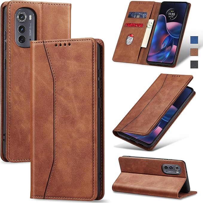 Jasonyu Flip Wallet Case for Motorola Edge (2022) Moto,Leather Magnetic Folio Cover with Card Holder,Kickstand - TPU Shockproof Durable Protective Phone Case,Brown