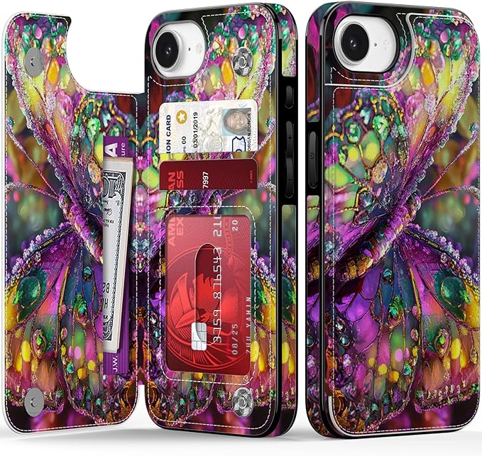 FUNMIKO for iPhone 16e Wallet Case with Card Holder, RFID-Blocking, Military-Grade Protection & UV-Printed Artwork, Magnetic Closure with Leather Kickstand - Vibrant Elegant Butterfly