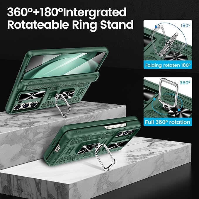VEGO for Galaxy Z Fold 5 Case with Stand, 360°Ring Magnetic Kickstand & Hinge Protection & Front Screen Protector & Camera Cover & Belt Clip Holster Cover - Dark Green