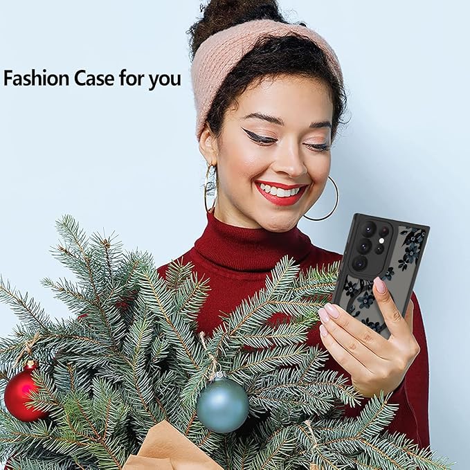 Fiyart Designed for Samsung Galaxy S22 Ultra Case Matte Flowers Design Compatible with MagSafe Wireless Charging,Cute Floral Anti-Scratch Translucent Phone Cover for Women Girls 6.8"-Black