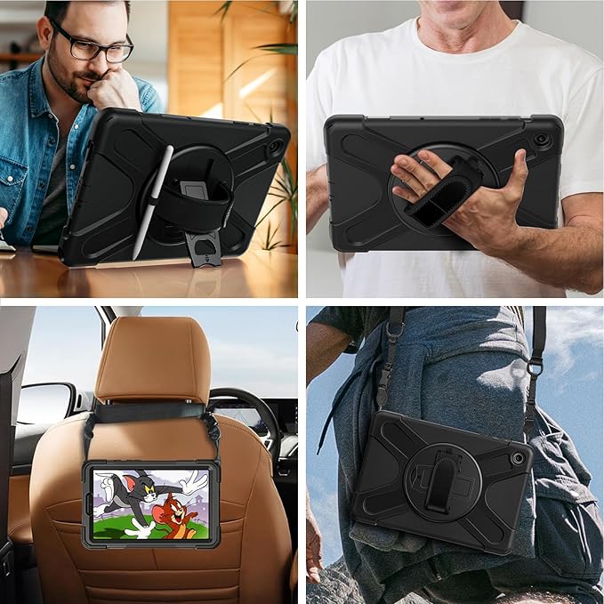 Gerutek Case for Samsung Galaxy Tab A9 Case 8.7" 2023, Full-Body Drop Protection Shockproof Cover with Screen Protector, 360° Rotating Stand, Hand/Shoulder Strap, Pencil Holder, Black