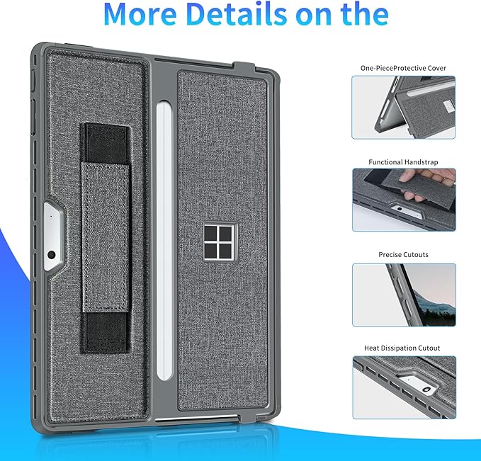 Case fit Microsoft Surface Pro 11/10/9/8 13-Inch, with Stent Cover, Hand Strap, All-in-one Rugged Case Compatible with Type Cover Keyboards, Gray
