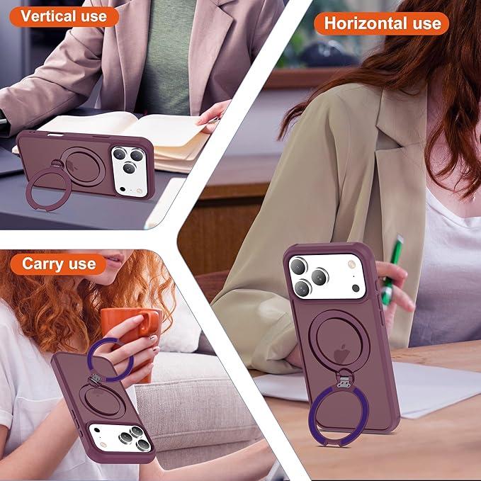 Compatible with iPhone 17 Pro Case with Invisible Magnetic 360°Spin Stand,Military-Grade Shockproof Protection [Compatible with Mag-Safe] Non-Slip Edge Translucent Case (6.3",Wine Red)