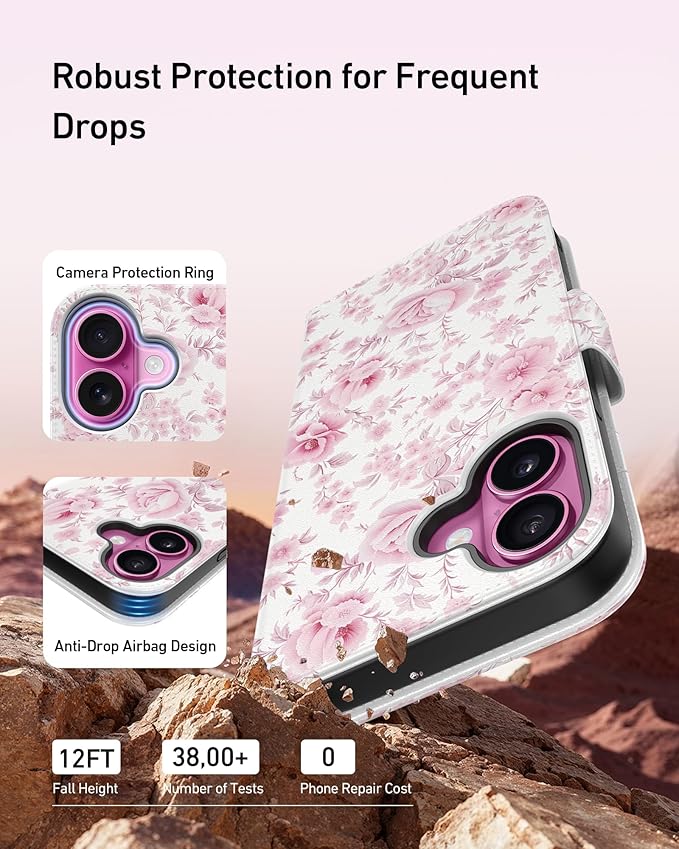 DEENAKIN for iPhone 16 Wallet Case with Card Holder + Cash Clip, RFID-Blocking, Military-Grade Drop Protection, Magnetic Closure with Leather Kickstand - Blooming Pink Roses