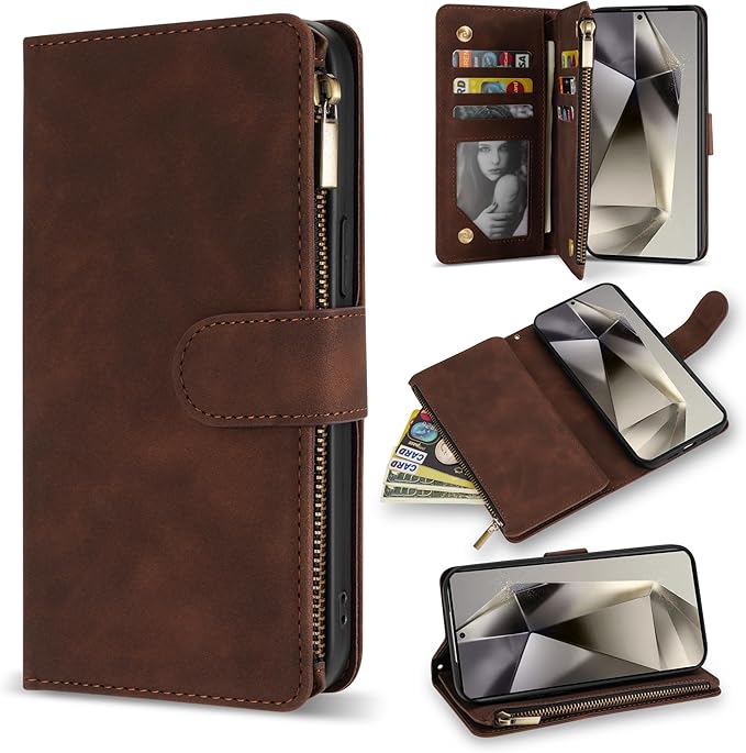 ZZXX for Samsung Galaxy S24 Ultra Wallet Case with RFID Blocking Card Slot PU Leather Zipper Flip Folio with Strap Kickstand Protective Cover for Samsung Galaxy S24 Ultra Case Wallet(Coffee-6.8 inch)