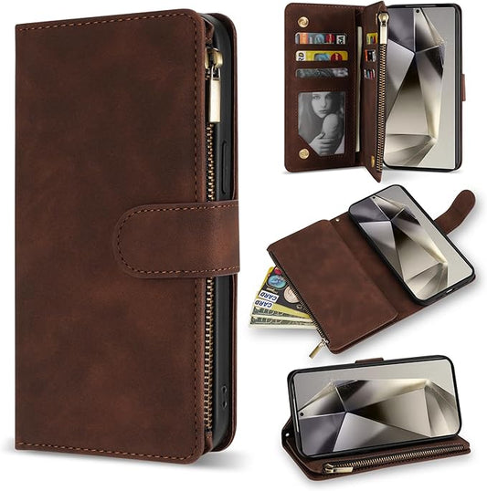 ZZXX for Samsung Galaxy S24 Ultra Wallet Case with RFID Blocking Card Slot PU Leather Zipper Flip Folio with Strap Kickstand Protective Cover for Samsung Galaxy S24 Ultra Case Wallet(Coffee-6.8 inch)