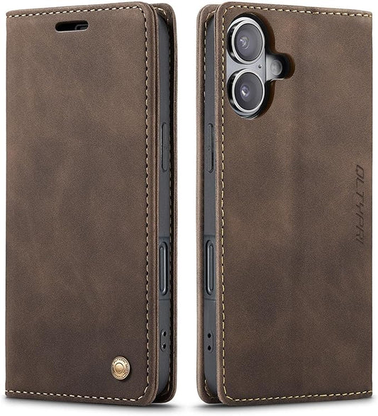 QLTYPRI for iPhone 16 Plus Case Wallet with Card Holder, Vintage PU Leather Kickstand Magnetic Closure Shockproof Folio Book Cover Case for iPhone 16 Plus - Coffee Brown