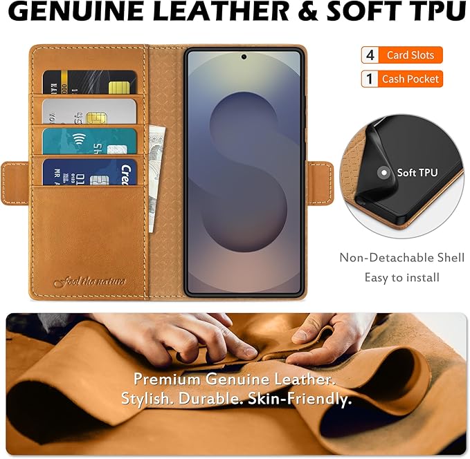 SHIELDON Wallet Case for Galaxy S25 Ultra 5G, Genuine Leather RFID Blocking Credit Card Holder Kickstand Magnetic Folio Protective Cover Compatible with Galaxy S25 Ultra 6.9" 2025 - Retro Light Brown