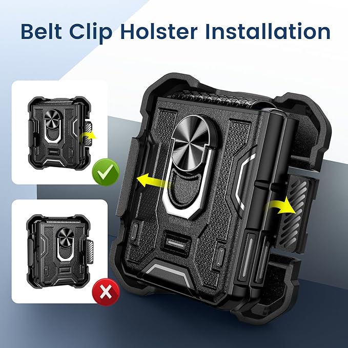 VEGO for Galaxy Z Flip 5 Case with Stand, 360°Ring Magnetic Ring Kickstand & Belt Clip Holster & Camera Screen Protector & Hinge Protection, Shockproof Cover - Black