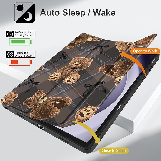 MEEgoodo Case for Samsung Galaxy Tab A9 Plus 11 inch Cover 2024 2023 with S Pen Holder, A9+ Smart Tablet Cases with Leather Trifold Stand+Soft TPU Back Shell+Smart Auto Wake/Sleep, Cute Little Bear