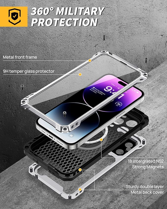 Lanhiem for iPhone 14 Pro Max Metal Case, [Built-in Camera Kickstand & Glass Screen Protector] Protective Heavy Duty Full Body Military Rugged Shockproof Magnetic Cover (Silver)